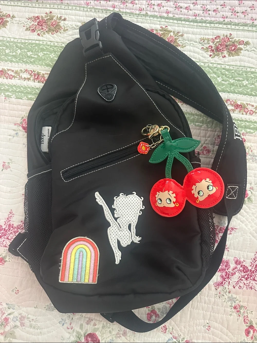 Betty Boop Black Kids Sling Backpack with Red Cherry Charm